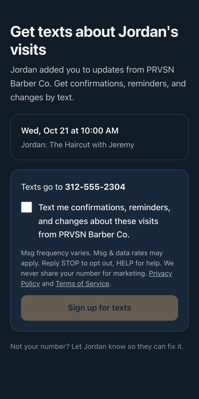 The sign-up link's page: the number texts go to, an unchecked box, the same disclosures, and a Sign up for texts button.
