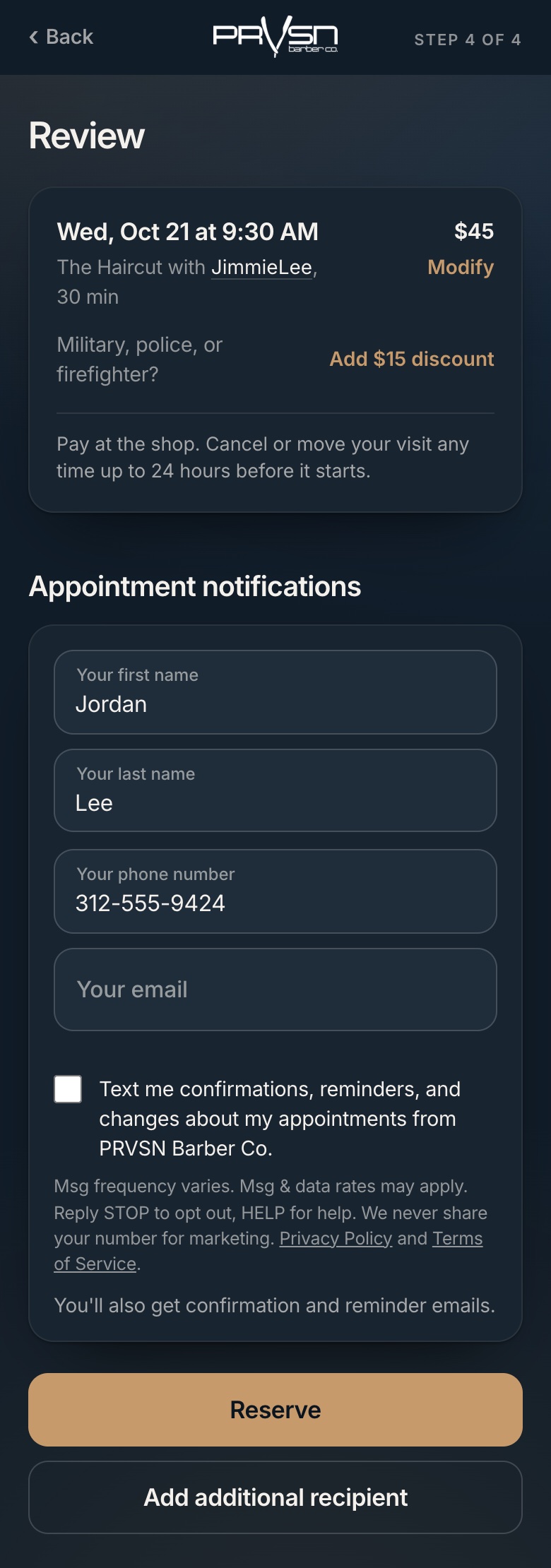 The Review step: the guest's phone number, and an unchecked box that says: Text me confirmations, reminders, and changes about my appointments from PRVSN Barber Co. Under it: Msg frequency varies. Msg & data rates may apply. Reply STOP to opt out, HELP for help. We never share your number for marketing.