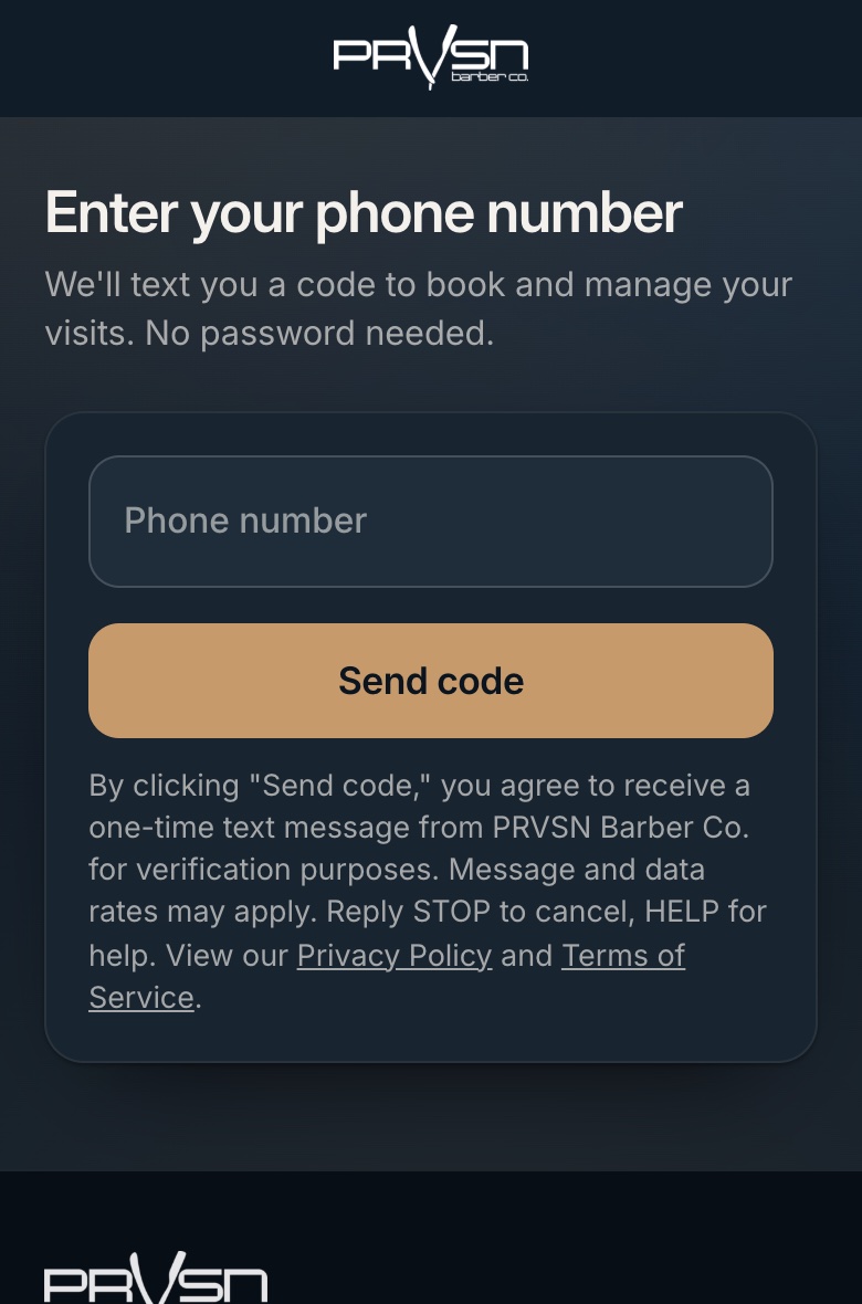 The sign-in screen: a Phone number field, a Send code button, and under it: By clicking "Send code," you agree to receive a one-time text message from PRVSN Barber Co. for verification purposes. Message and data rates may apply. Reply STOP to cancel, HELP for help.